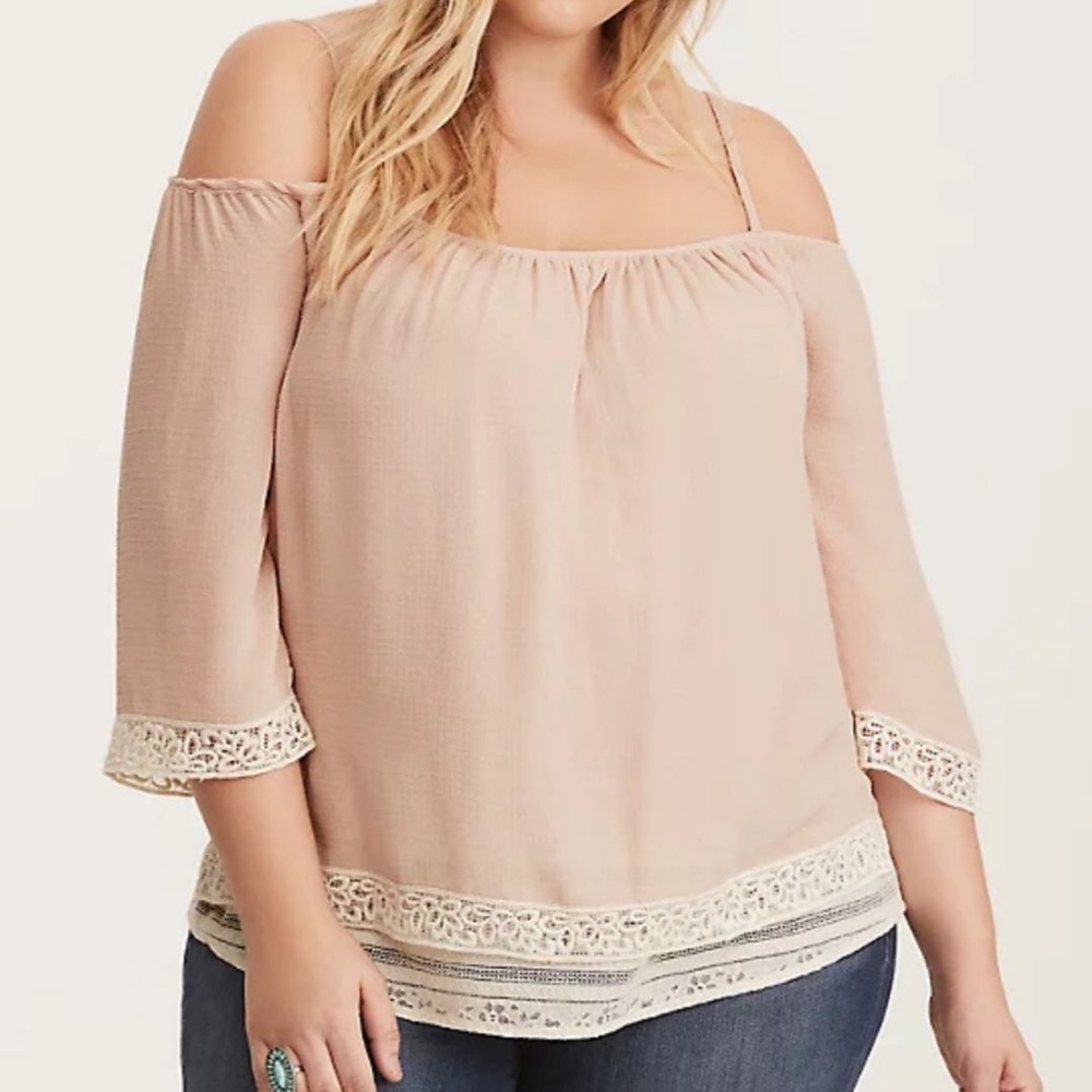 Torrid Gauze Lace Trim Cold Shoulder Top